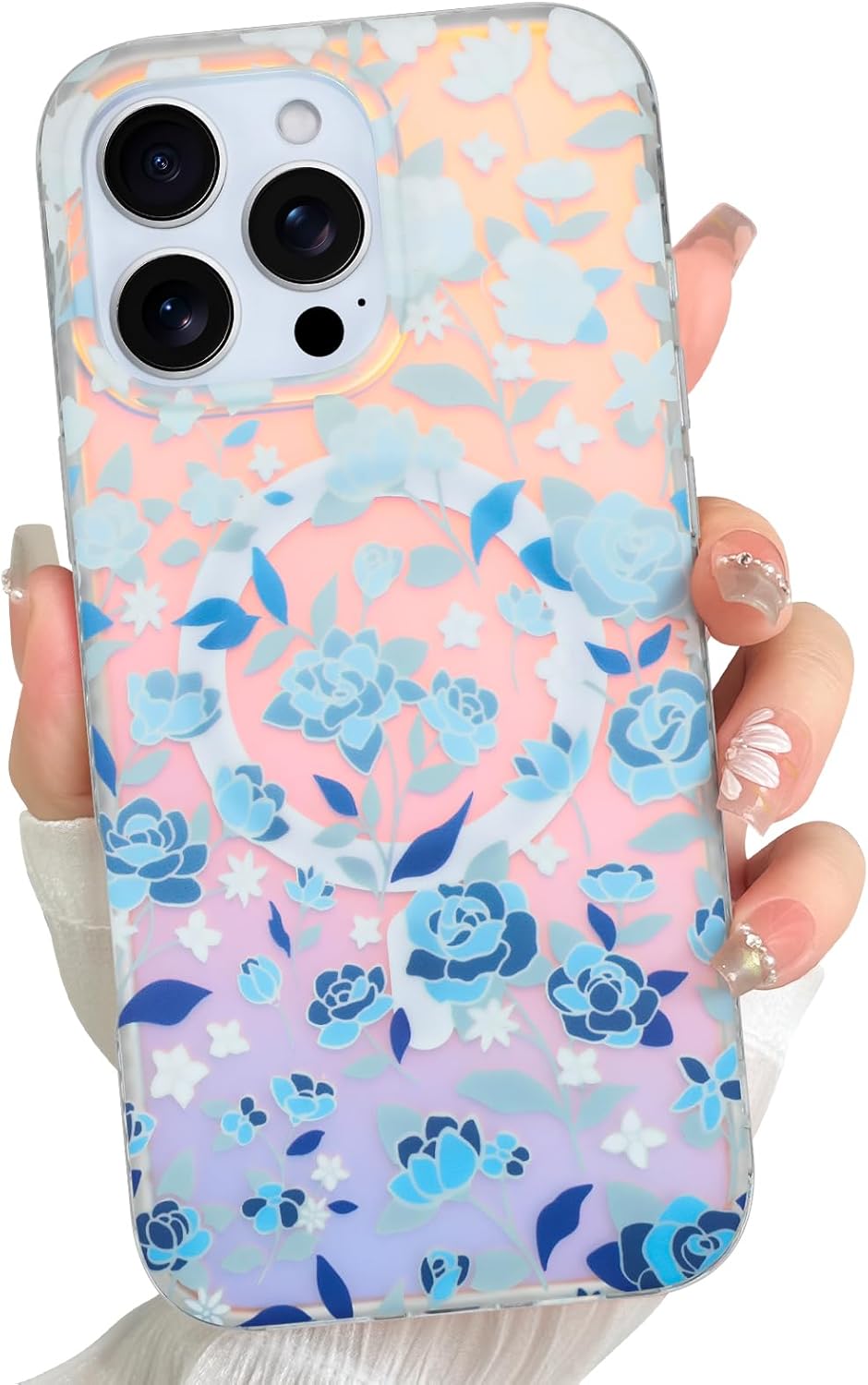 Designed for iPhone 16 Pro Max Case [Compatible with MagSafe] Iridescent Fluorescent Phone Case with Pink Purple Floral Patterns for Women and Girls