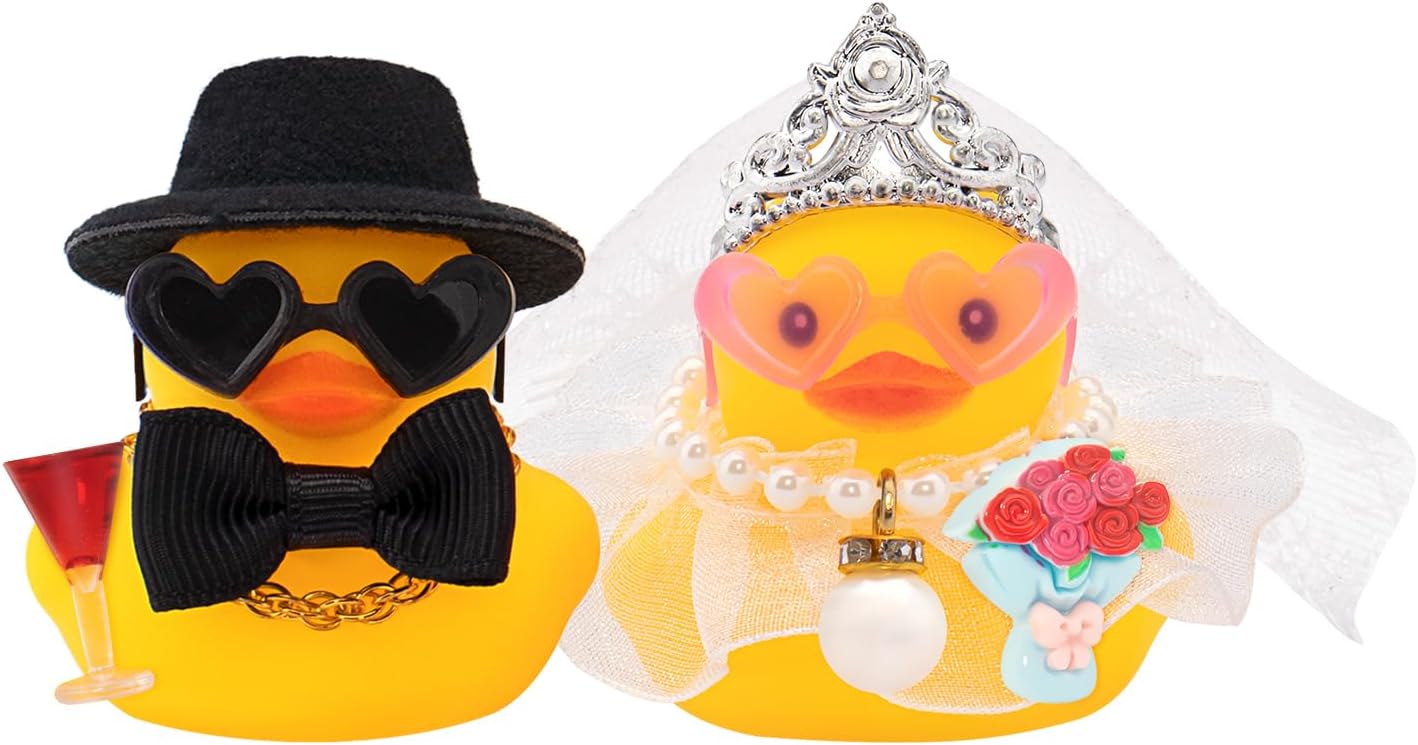 wonuu Mini Wedding Rubber Duck, Groom Holding Wine Glasses and Bride with a Bouquet, Romantic Couple Duckies Set, Heartwarming Gift, Dashboard Decor, Car Ornament, Home Decoration, Romantic White