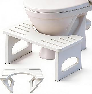 Foldable Toilet Stool, 7 Inch Poop Stool for Bathroom, Bamboo Toilet Stool Squat Adult, Collapsible Squatting Potty Stool with Non-Slip Strip - Improve Squatting Posture and Comfort, White
