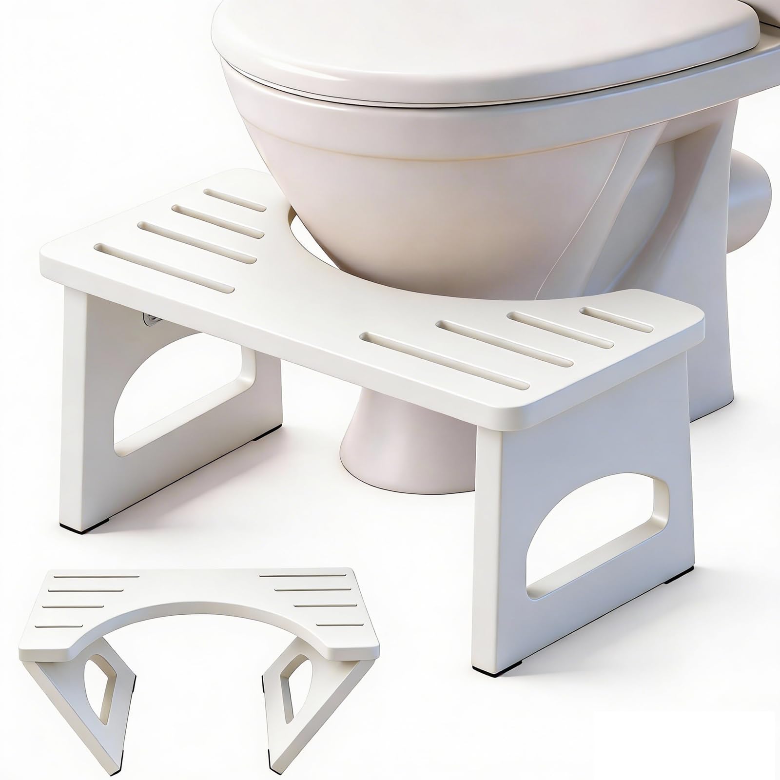 Foldable Toilet Stool, 7 Inch Poop Stool for Bathroom, Bamboo Toilet Stool Squat Adult, Collapsible Squatting Potty Stool with Non-Slip Strip - Improve Squatting Posture and Comfort, White
