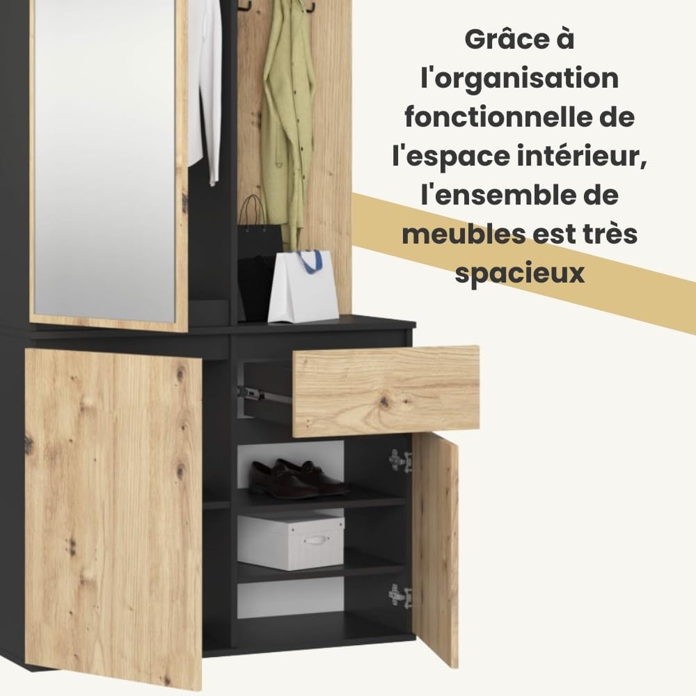 AKORD Ensemble de Vestiaire d'Entrée avec Miroir - 95 cm, 3 Portes, 1 Tiroir, 7 Étagères - Meuble d'Entrée - Optimum pour Petits Espaces - Couloir ou Entrée Étroit - Noir & Chêne-Artisanalal