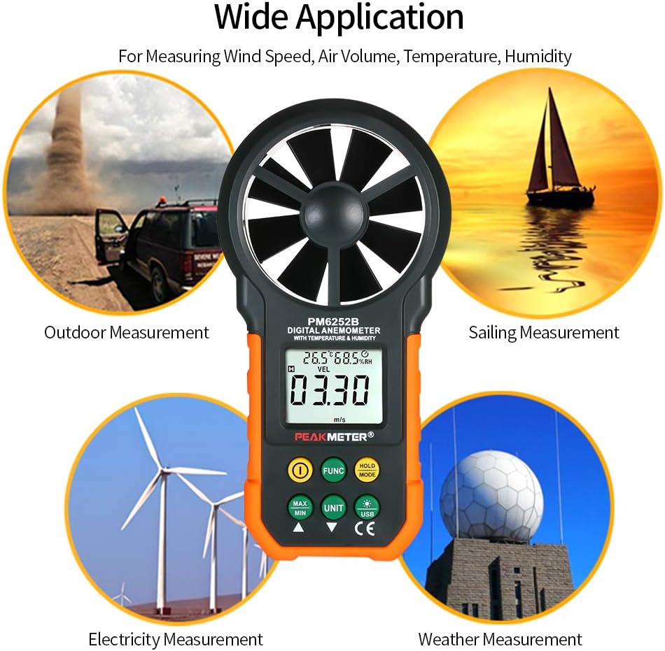 NEWTRY Digital Anemometer Vane Anemometer Handheld Wind Speed Meter Sensor Portable Wind Gauges Air Flow Velocity Thermometer for Measuring Wind Speed with Backlight Max/Min (PM6252B)