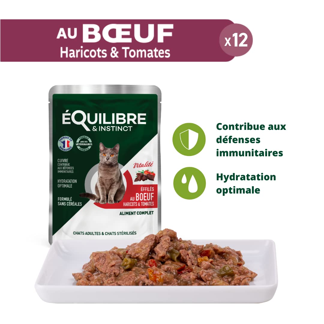 EQUILIBRE & INSTINCT - Chat Stérilisé - Sachet Nourriture Humide Multi Saveur - Énergie, Digestion, Hydratation, Défense - Recette Complète formulée avec des vétérinaires - 48x85g - Fabriqué en France