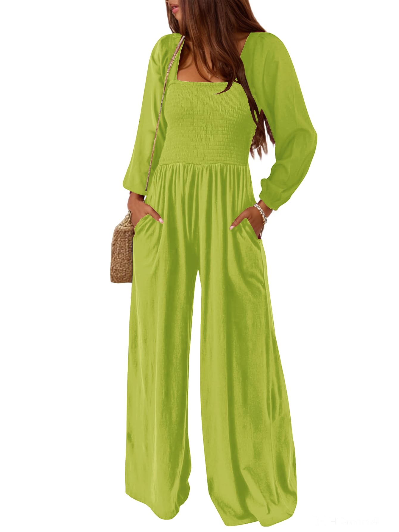 AUXDIO Womens Casual Square Neck Long Sleeve Jumpsuits Loose Smocked Wide Leg Romper with Pockets