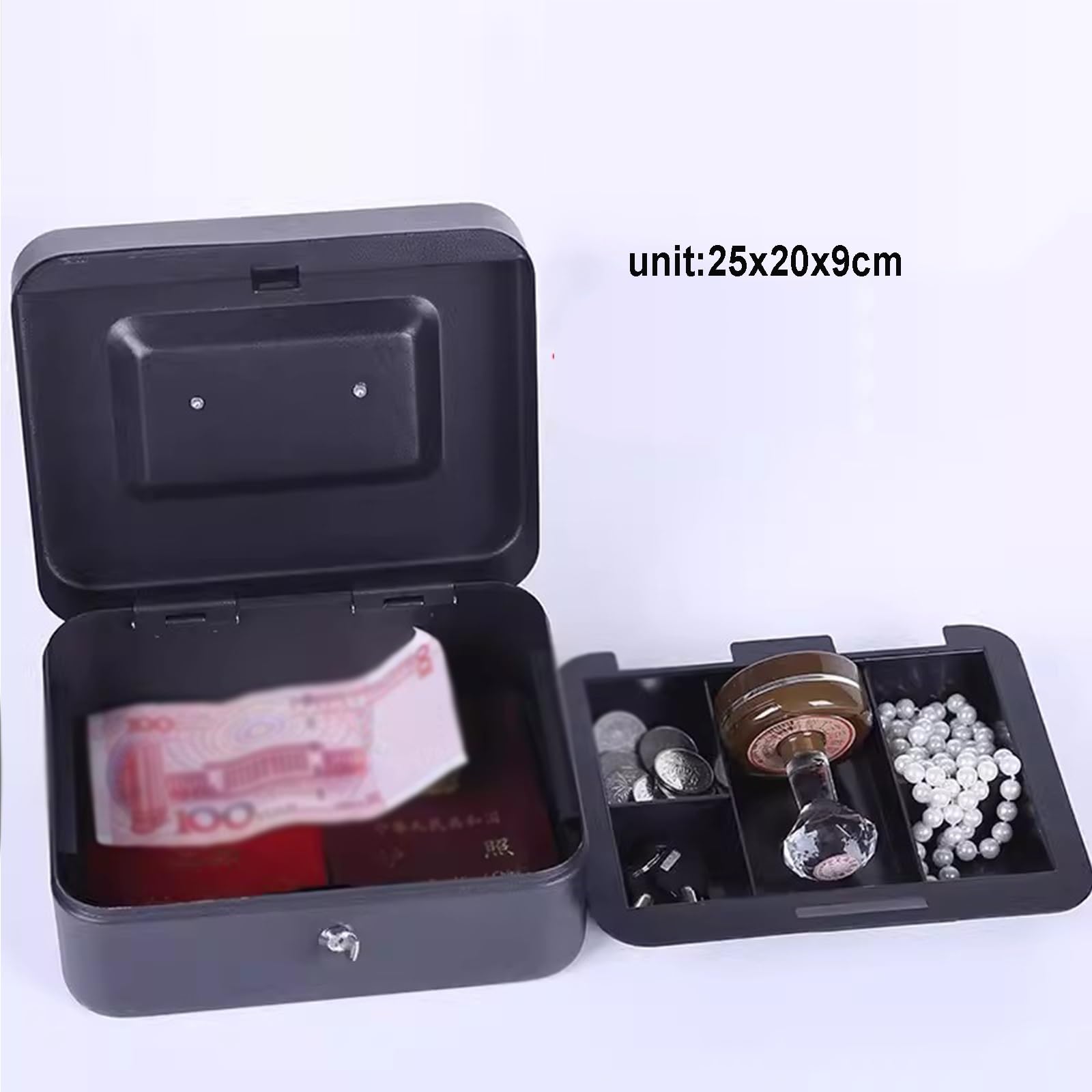 cassetto portadenaro, Salvadanaio in metallo con serratura for contanti, grande scatola di sicurezza in acciaio chiave(25x20x9cm)