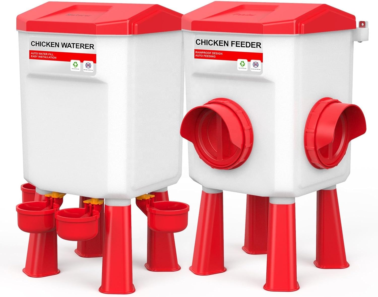 Automatic Chicken Feeder and Waterer Set(4 Buckets/2-3 gallons), 18 Pounds No Waste, Rain Proof Poultry Feeder, Avoid Small Animals, Suitable for Chicken, Duck, Turkey(Red Color)