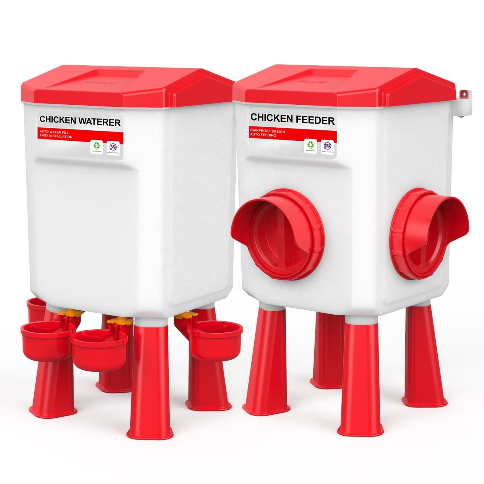 Automatic Chicken Feeder and Waterer Set(4 Buckets/2-3 gallons), 18 Pounds No Waste, Rain Proof Poultry Feeder, Avoid Small Animals, Suitable for
