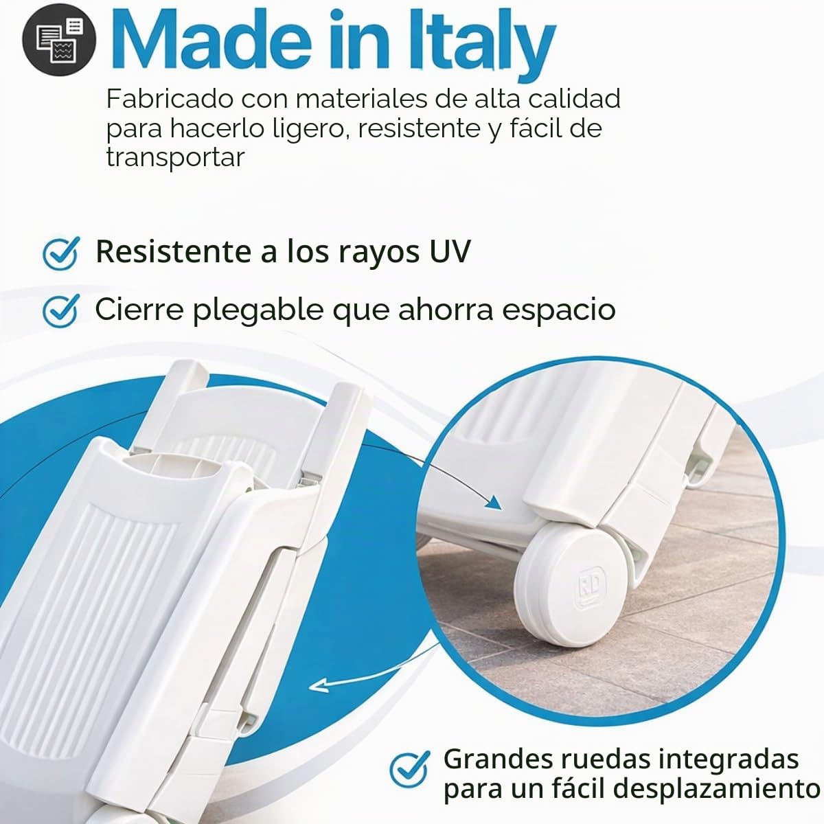 Tomaino - Tumbona de plástico para jardín – Respaldo reclinable, plegable con ruedas – Camping, playa, piscina, para exterior (verde)