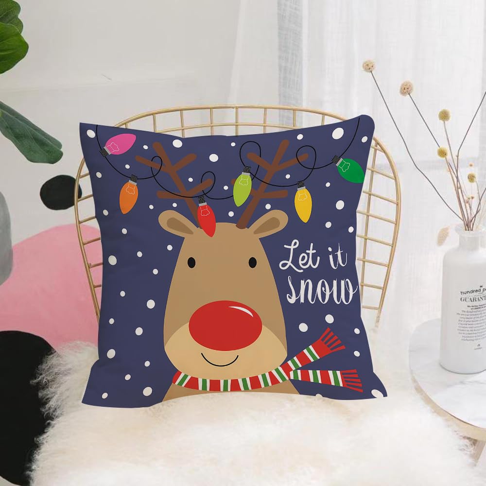 HYMSXW Cushion Cover,Throw Pillow Case Home Decorative for Living Room Bedroom Sofa Chair 20X20 Inch,Deer, Christmas lights, deer with red nose scarf,Pillowcase 50X50cm