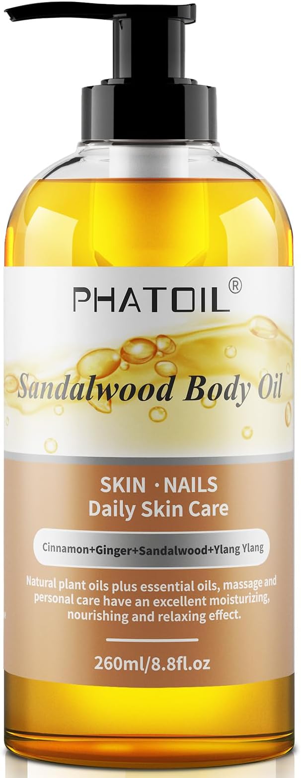 Sandalwood Body Oil, 260ml Large Bottle Body Oil for Nourishing Skin, 8.8 fl.oz Premium Moisturizer Infused with Sandalwood Essential Oil, Great for Hair & Body Care