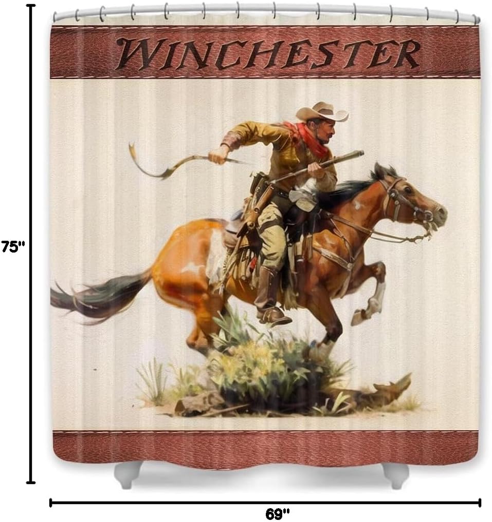 JAWO Western Shower Curtain Set Cowboy with Gun on Horse Retro Vintage Southwestern Themed Bathroom Decoration, Fabric Waterproof Cloth Curtains,