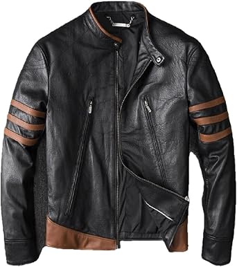 Hide & Seek Mens Brown Motorcycle Jacket with Bronze Stripes on Sleeves Moto Biker for Logan fans Leather Jacket