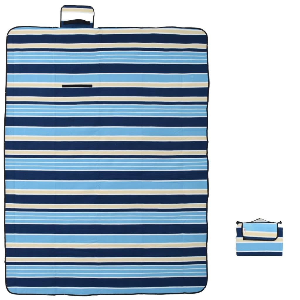 Picknickdecke Faltbar Blau und Weiß Gestreift 200x150 cm Samt mit Tragetasche, Outdoor Camping, Wandern, Trekking Zubehör für Picknick, Reise, Lager und Freizeit