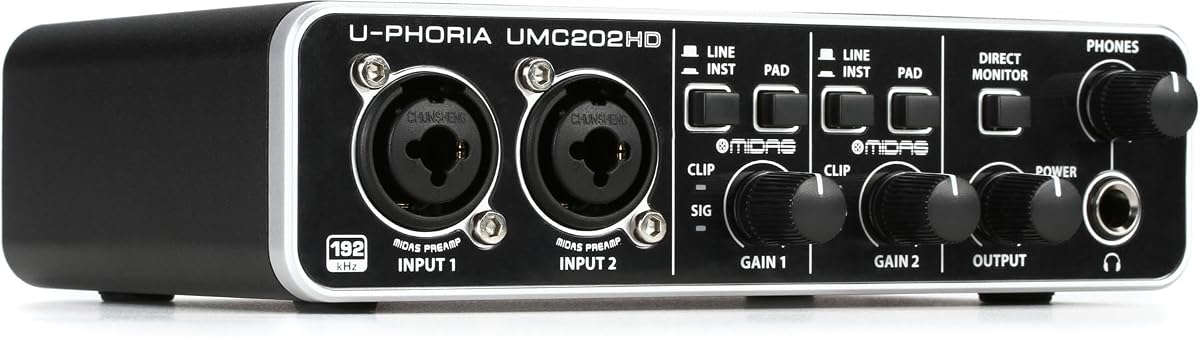 UMC202HD Audiophile 2x2, interfaz de audio USB de 24 bits/192 kHz con preamplificadores de micrófono Midas | Para grabar micrófonos e instrumentos