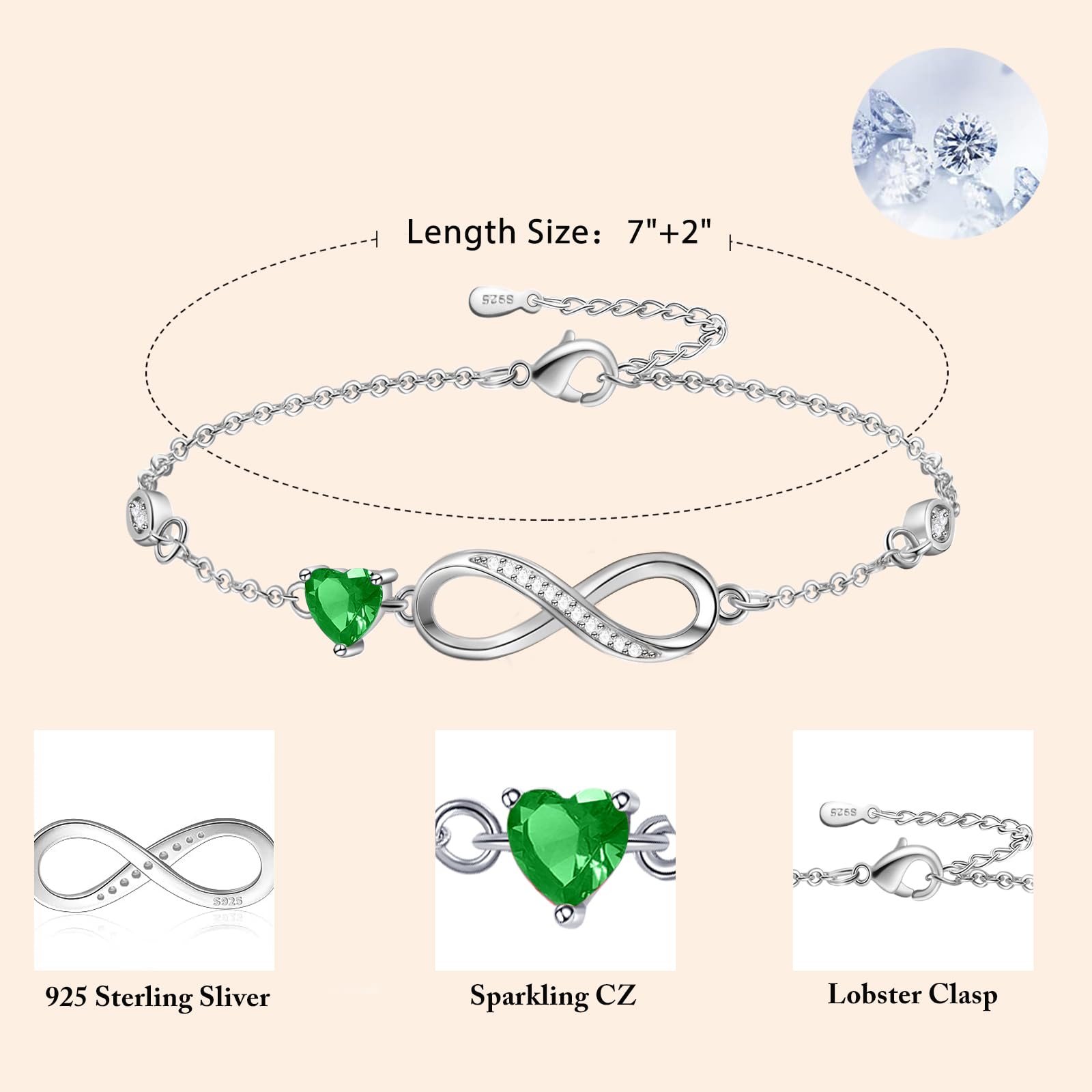 Tusuzik Bracciale Argento 925 Donna, Bracciale Infinito Donna Argento 925 con Cuore Zirconi Regolabile Bracciali Donna Gioielli Regalo per Mamma Amica Ragazza