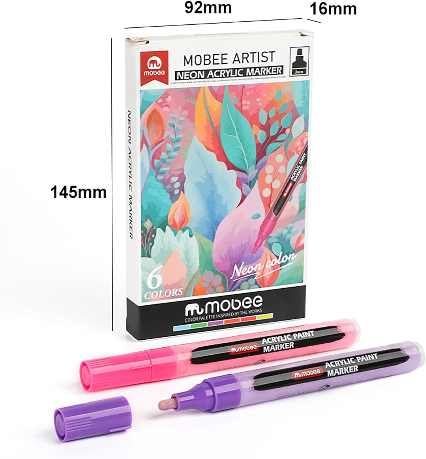 mobee Neon Acrylic Paint Markers, 6 Bright Colors, 3mm Medium Tip, High Opacity Acrylic Paint Pens, Non Toxic, Smooth Ink Flow for Rock Painting, Wood, Glass, Fabric, Canvas, Metal, DIY Art Crafts