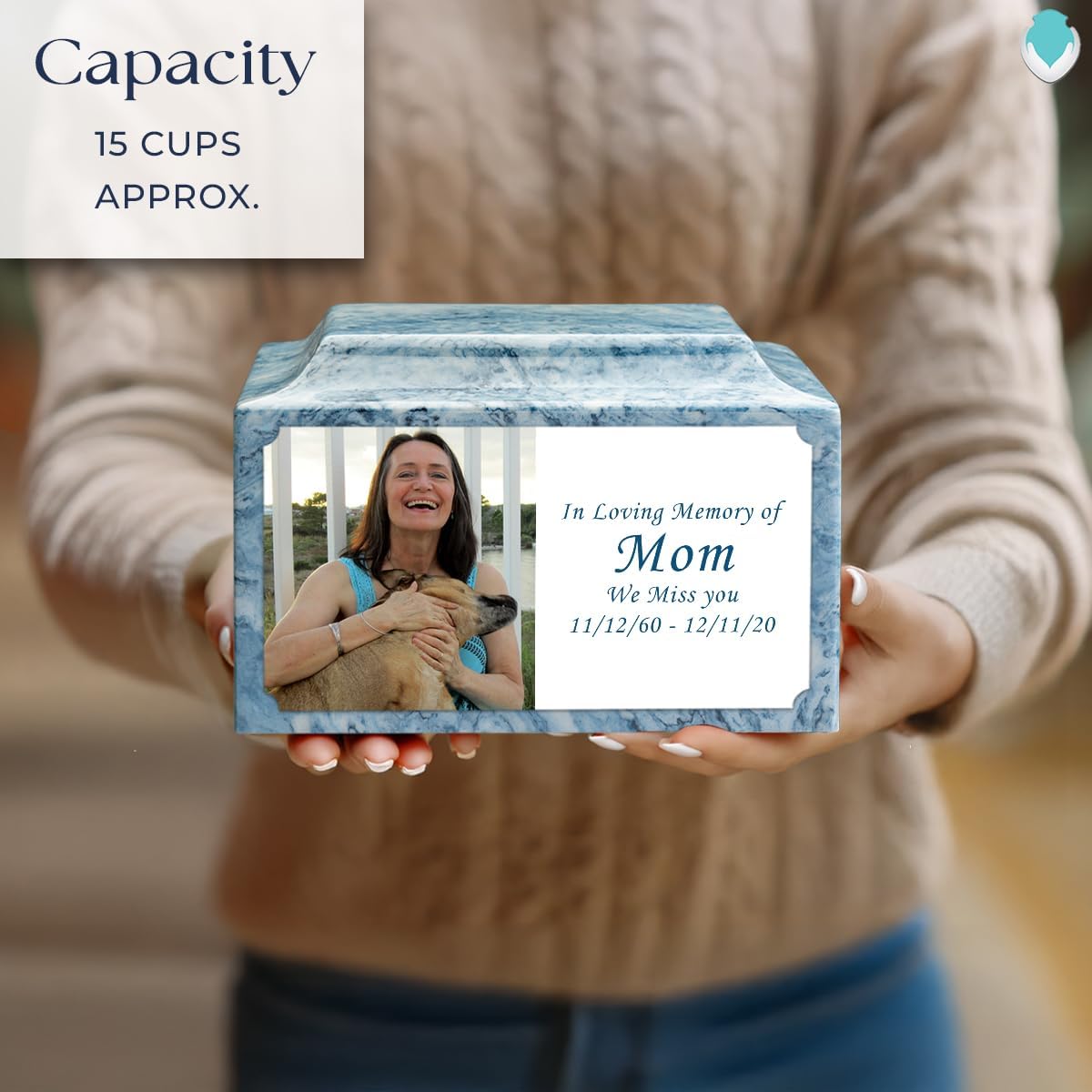 GetUrns Cultured Marble Urn Vault by Mackenzie with Personalized Picture and Text for Human Ashes I Sky Blue Adult Urns for Male and Female I 210lbs