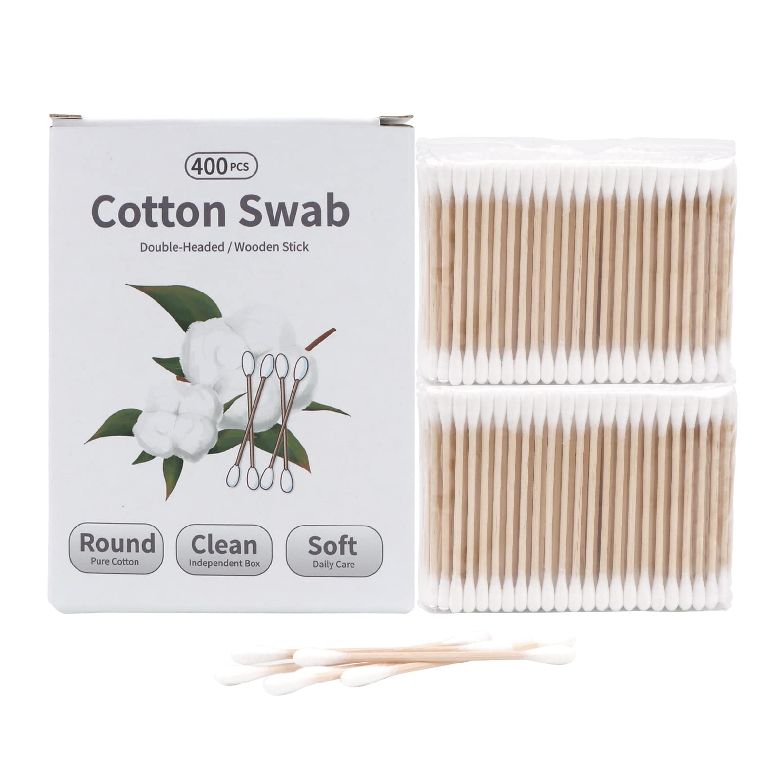 Cotton Swab for Ears Double Round Thick Cotton Tips with Strong Wooden Sticks for Makeup or Nails Natural Cotton Bud 3 inch,One Small Box (1Pack 400 Count)