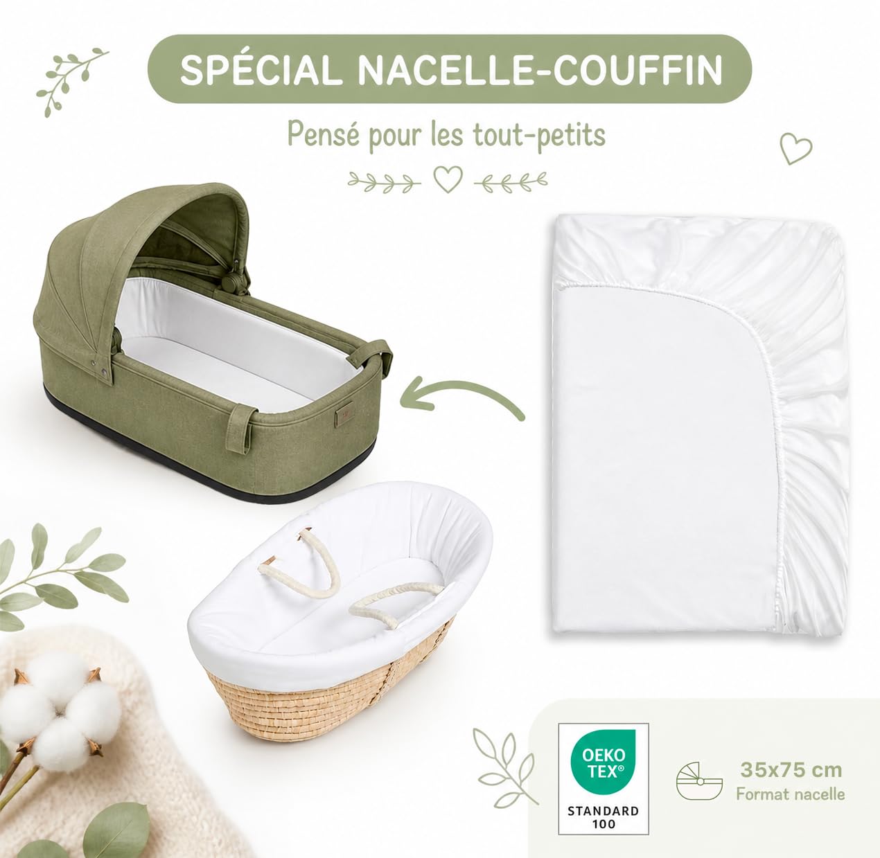 Alèse Couffin 100% Imperméable - Oeko-Tex - Protège Matelas Absorbant et Respirant pour Bébé - sans Traitement Chimique (35 x 75 cm (Set de 2))