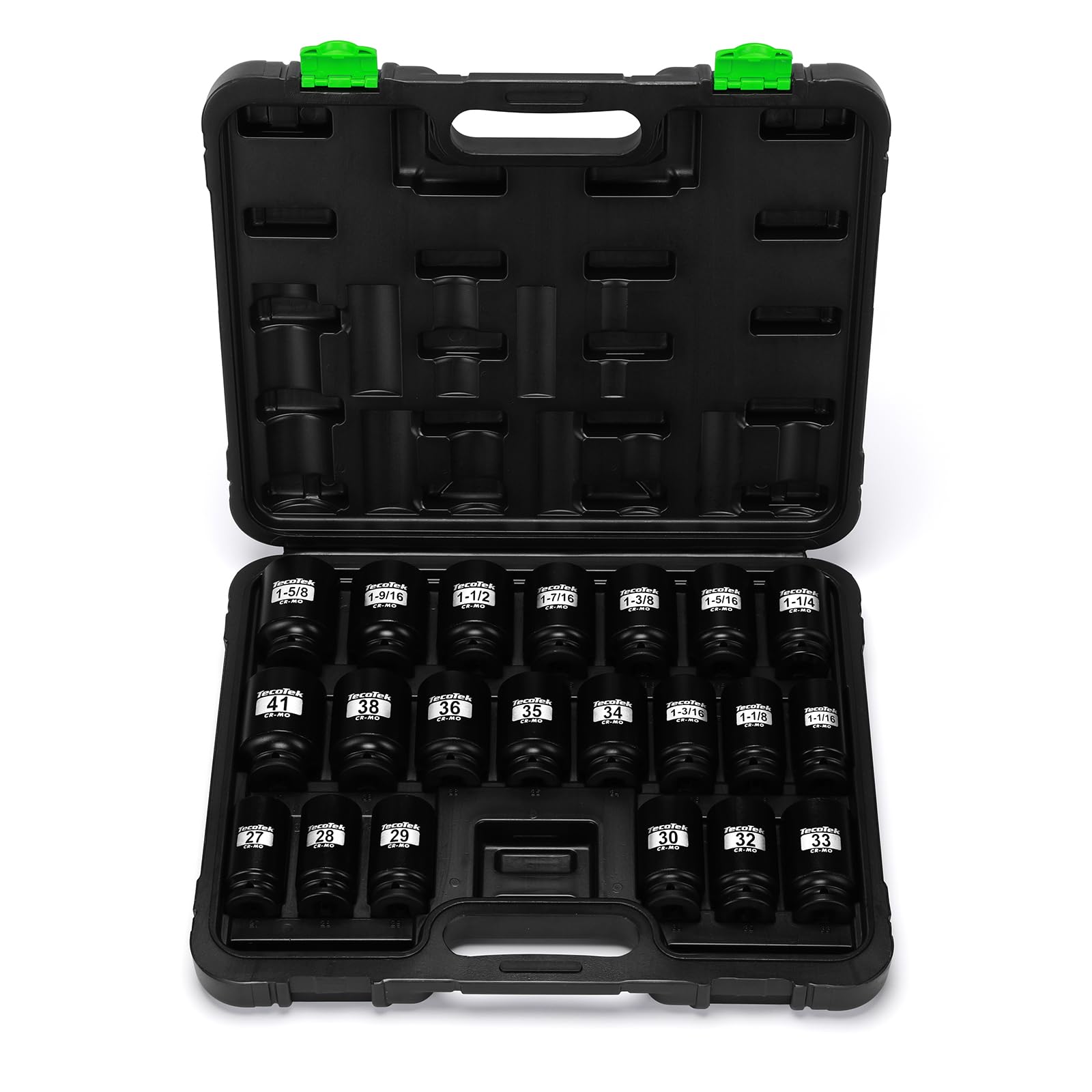 1/2" Drive Deep 6-Point Impact Socket Set, 21-Piece Spindle Axle Nut Impact Socket Set, CR-MO, SAE (1-1/16-Inch to 1-5/8-Inch) and Metric (27mm to 41mm)