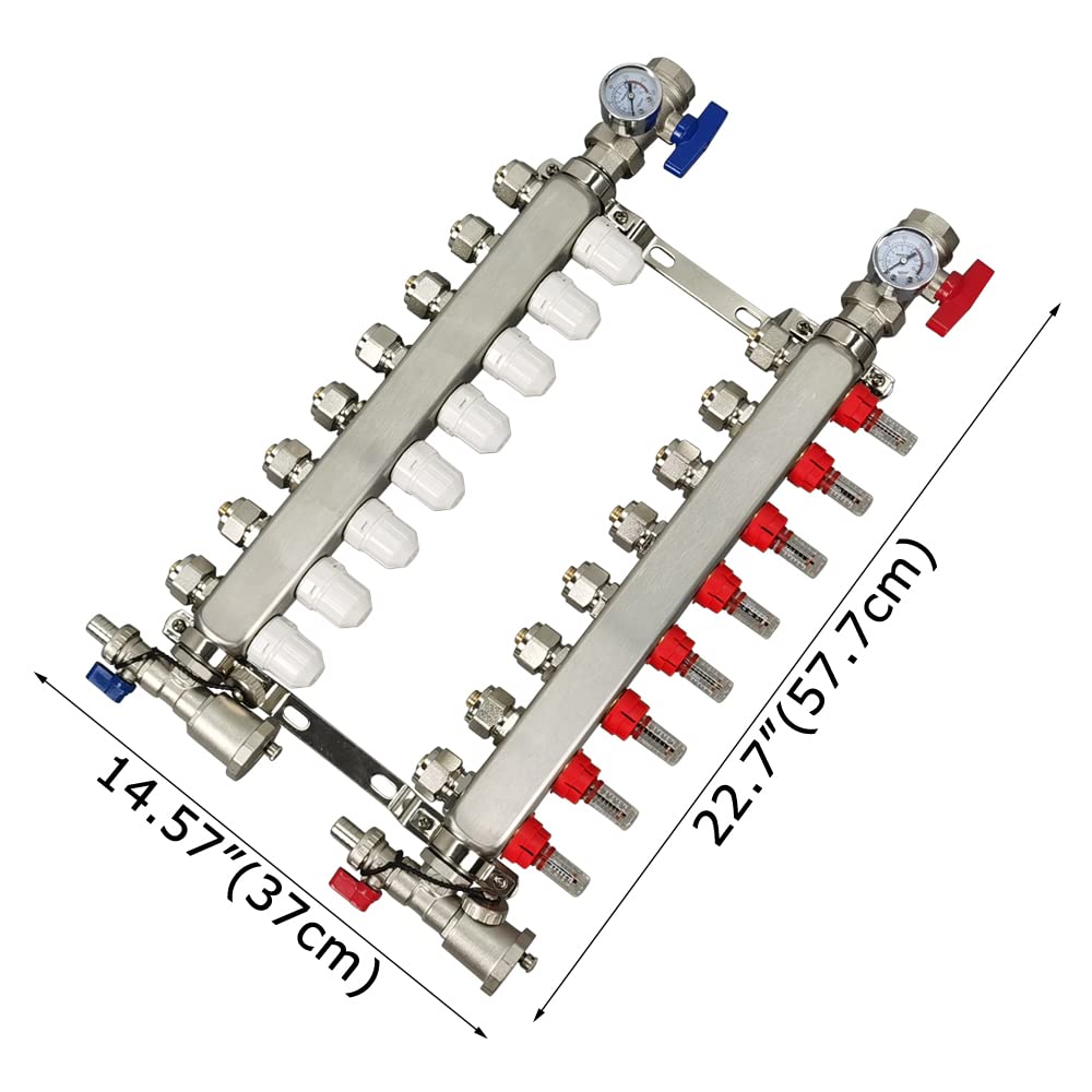 Radiant Heat Pex - Colector Pex de 8 bucles, 1/2 pulgada, tubo Pex de acero inoxidable, tubo Pex de 1/2 pulgada, juego de calefacción de suelo radiante con medidores de flujo