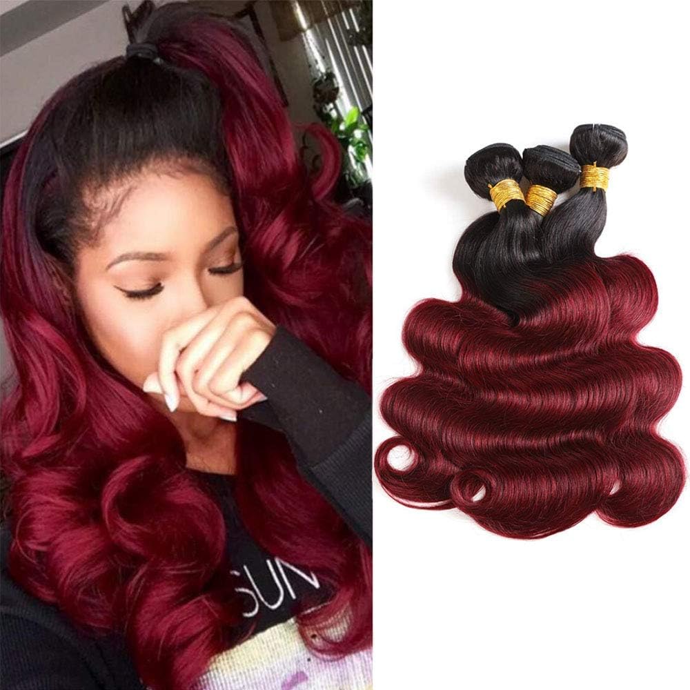1B 99J Ombre Brazilian Body Wave Hair 3 Bundles, 10A Grade Burgundy Dark Red Bodywave Weave Human Hair Extensions 100g/pcs, 100% Unprocessed Hair (10"12"14")