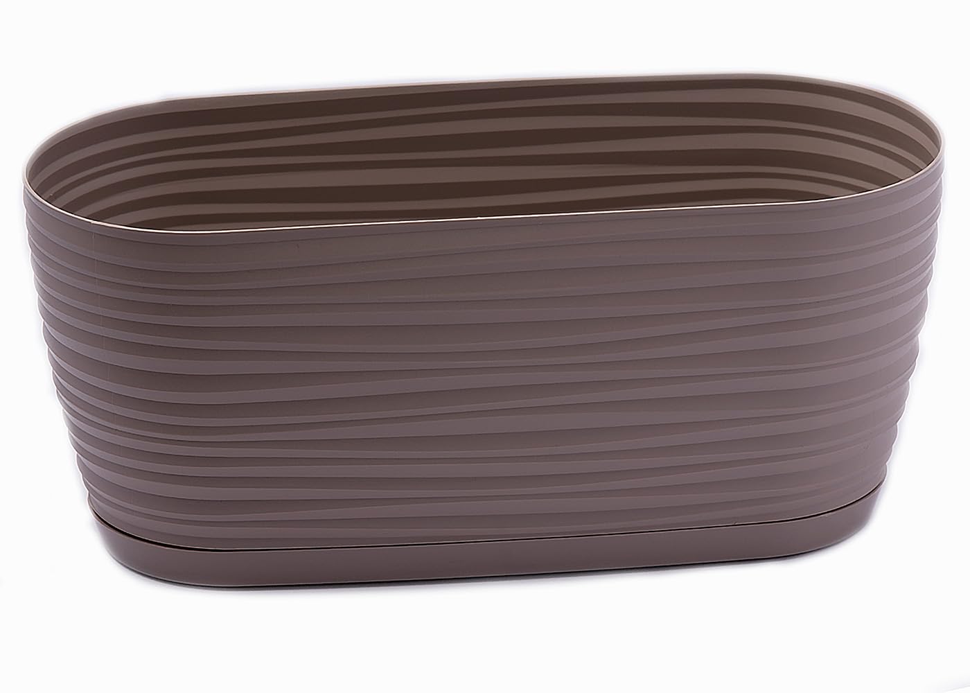 Home Garden Ornaments Plant Pots Indoor – Oval Planters with Drainage, Set of 2 with Saucer, Wave Pattern for Herbs & Succulents, 31 cm (12.2 inch), Taupe
