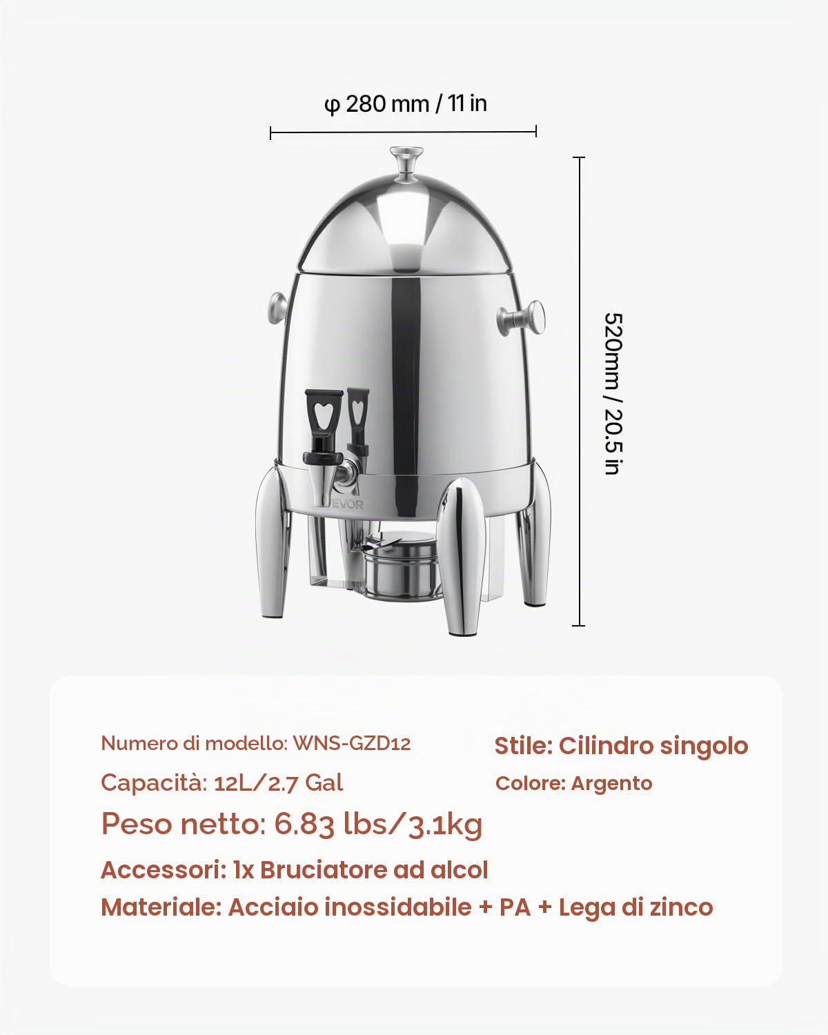 VEVOR Distributore di Bevande, 12 L per Feste, Contenitore di Succhi in Acciaio Inox con Bruciatore ad Alcol, Bevande Calde e Fredde con Rubinetto per Caffè, Tè, Acqua Calda, per Ristoranti Hotel