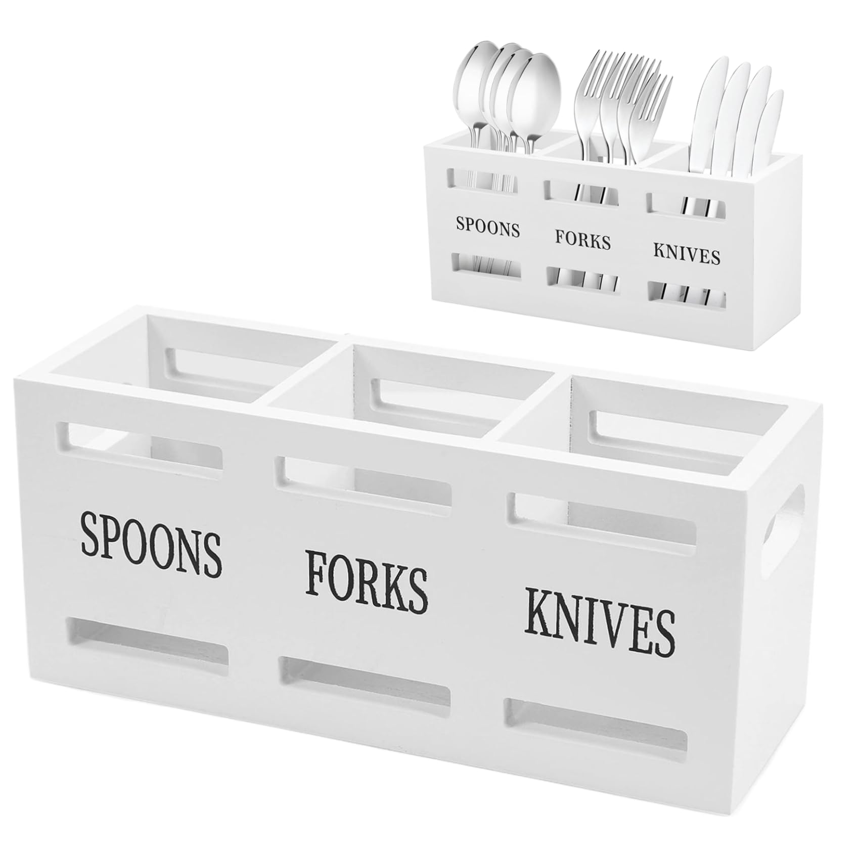 Kalastussaari Silverware Caddy Wood Utensil Caddy Silverware Holder for Party with 3 Compartments Utensil Holder for Kitchen Counter Spoon Fork Storage and Party Use, White Utensil Caddy