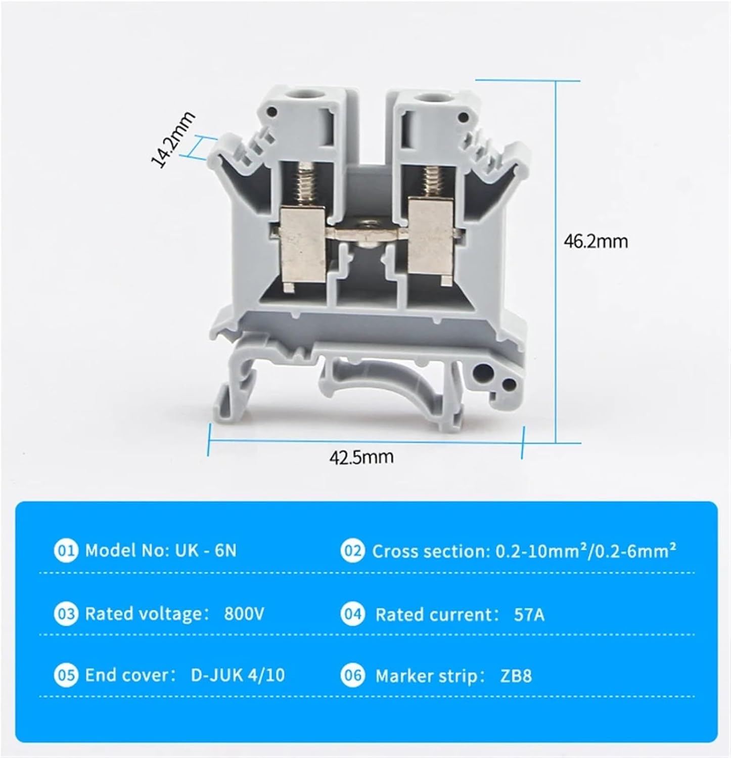 50Pcs UK-6N Din Rail Terminal Block Universal Class Connector Screw Connection Terminal Strip Block UK6N Wire Conductor(Gray)