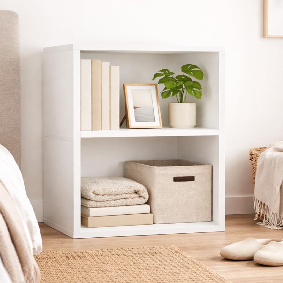 Image of 2 Cube Shelf, 3 Tier Bookshelf Small Bookcase, 2 Cube Storage Organizer, Wooden Book Shelf for Bedroom, Small Bookshelf for Living Room and Office