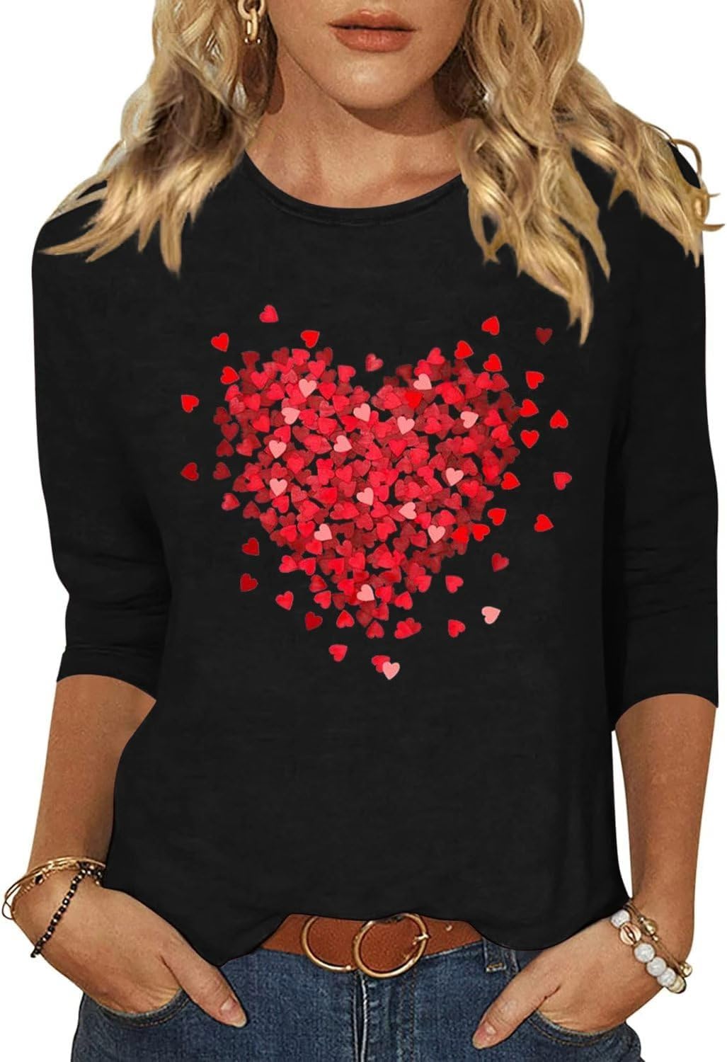 Women's Valentine 3/4 Sleeve Round Neck Shirt Funny Love Heart Graphic Tee Casual Couple Top Blouse