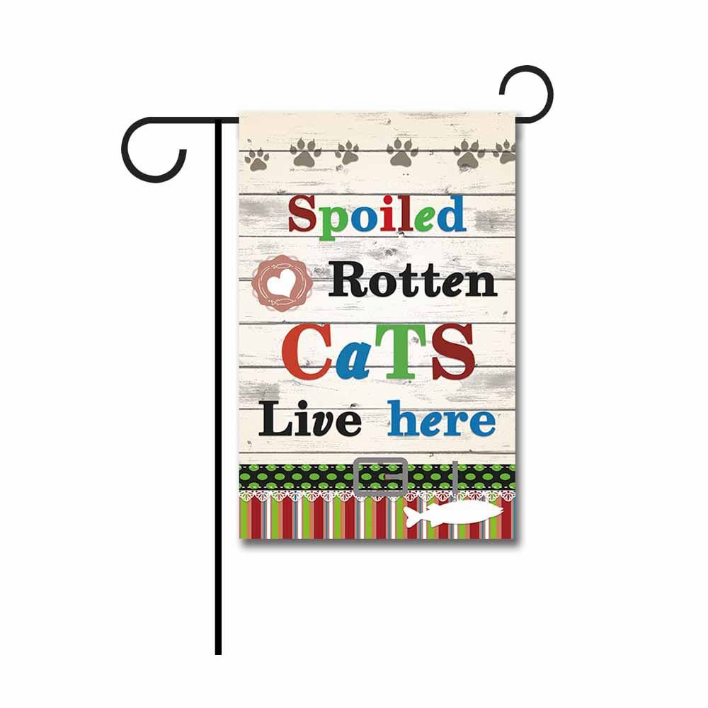 Garden Flag Spoiled Rotten Cats Live Here Decorative Funny Kitty Paw Wooden Home Decor Banner for Outdoor 12.5"X18" Print Both Sides