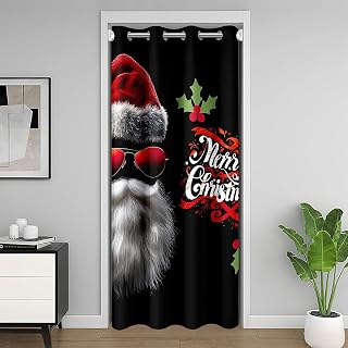 Feelyou Merry Christmas Door Curtain for Doorway Window 42" x 80" Black Santa Claus Thermal Insulated Temporary Room Dividers Winter Xmas Holidays Closet Cover Bedroom Living Room Microfiber