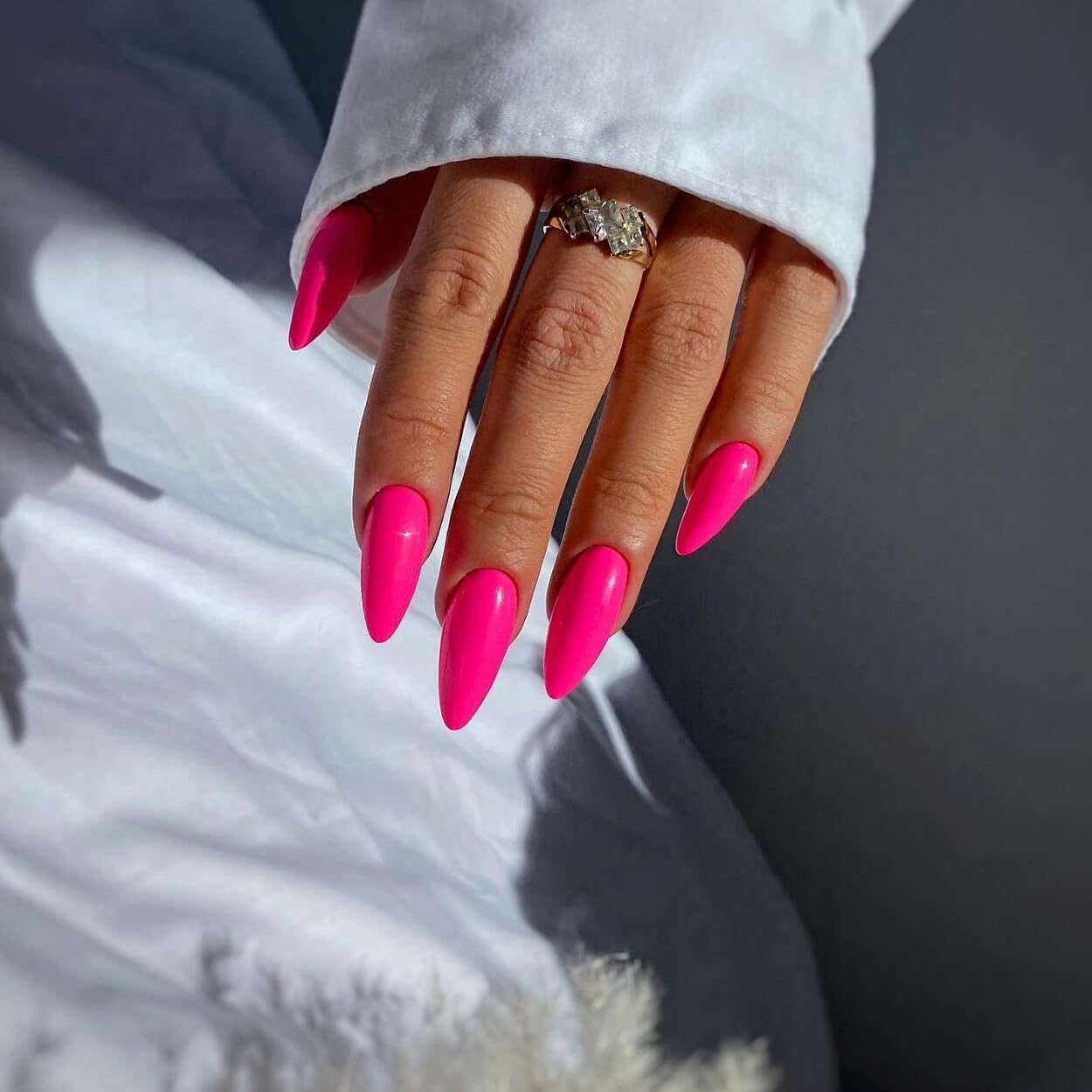 SXVME 48 Pcs Hot Pink Press on Nails Almond Medium Acrylic False Nails Medium Stiletto Natural Fake Nail Set Elegant Solid Color Full Cover Glossy Gel Stick on Nails for Women Daily Wear - Image 2