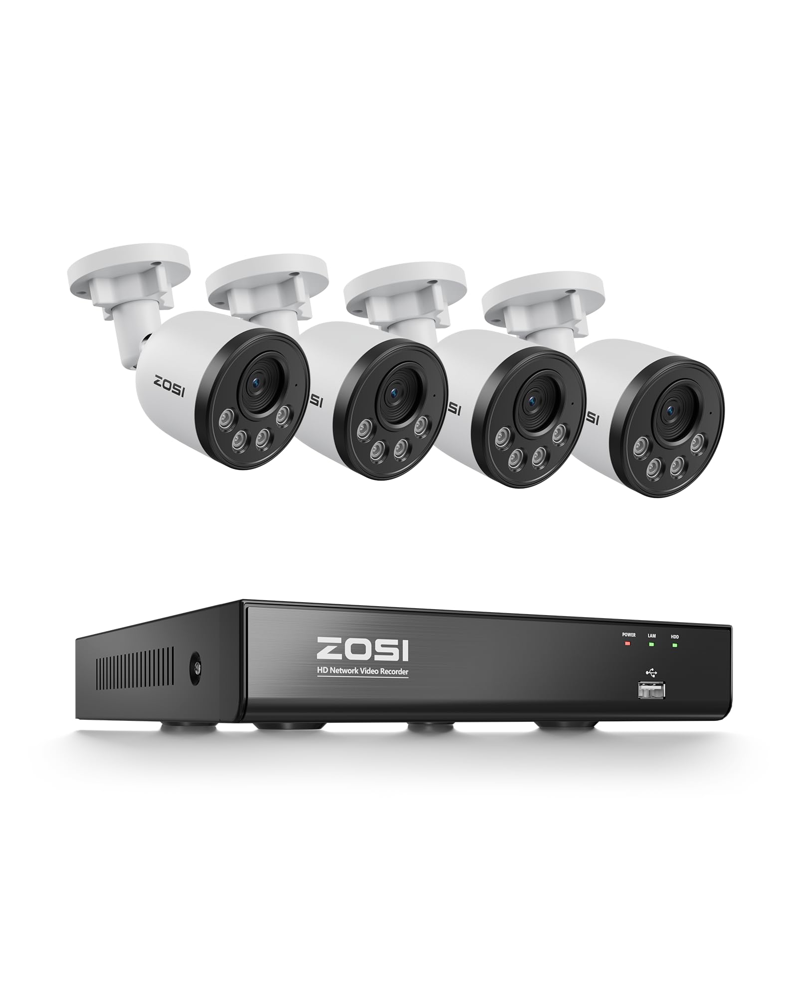 ZOSI 4K PoE Überwachungskamera Set Aussen, 8CH NVR ohne HDD, 4X 8MP Kamera | Personen- und Fahrzeugerkennung, Audioüberwachung, 30M IR Nachtsicht, 24/7-Aufnahme, C180
