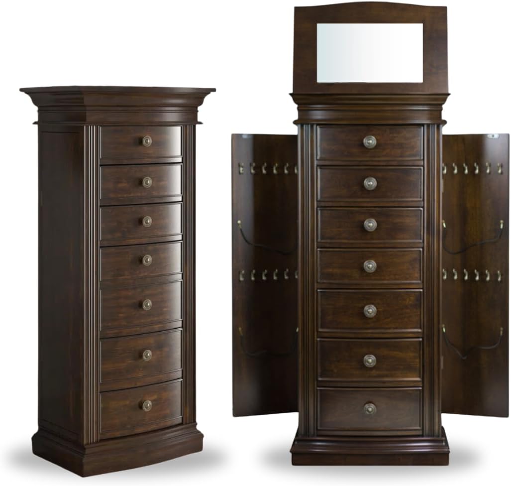 Hives and Honey Landry Standing Jewelry Armoire Cabinet โ Jewelry Storage Organizer with Flip-Top Mirror, Side Doors, 7 Drawers, Necklace, Earring, and Bracelet Storage, Walnut