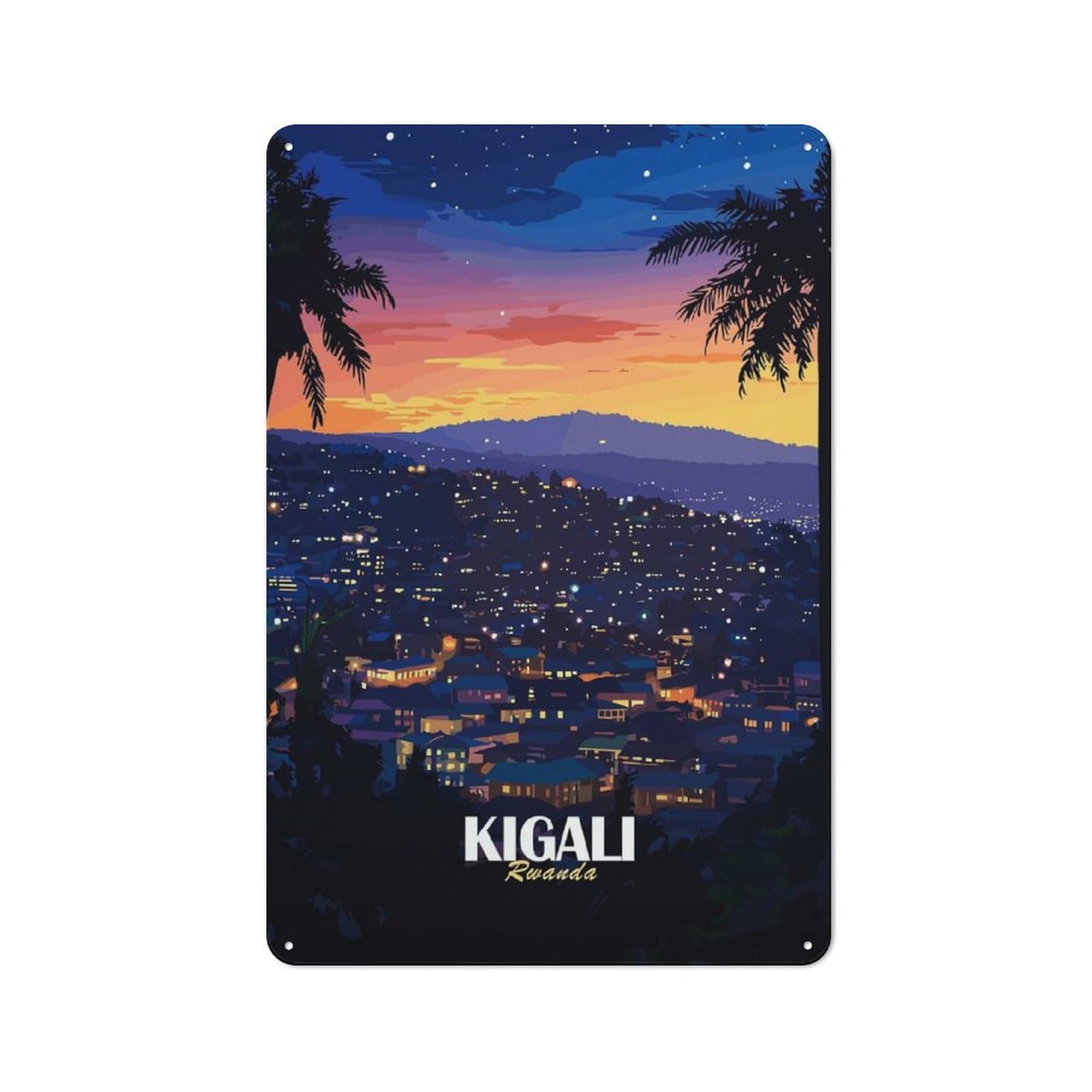 Vintage Decorative Tin Plaque 30x20cm Featuring Kigali, Rwanda Cityscape at Night, Home Wall Decor for Bedroom, Kitchen, Office Or Living Room