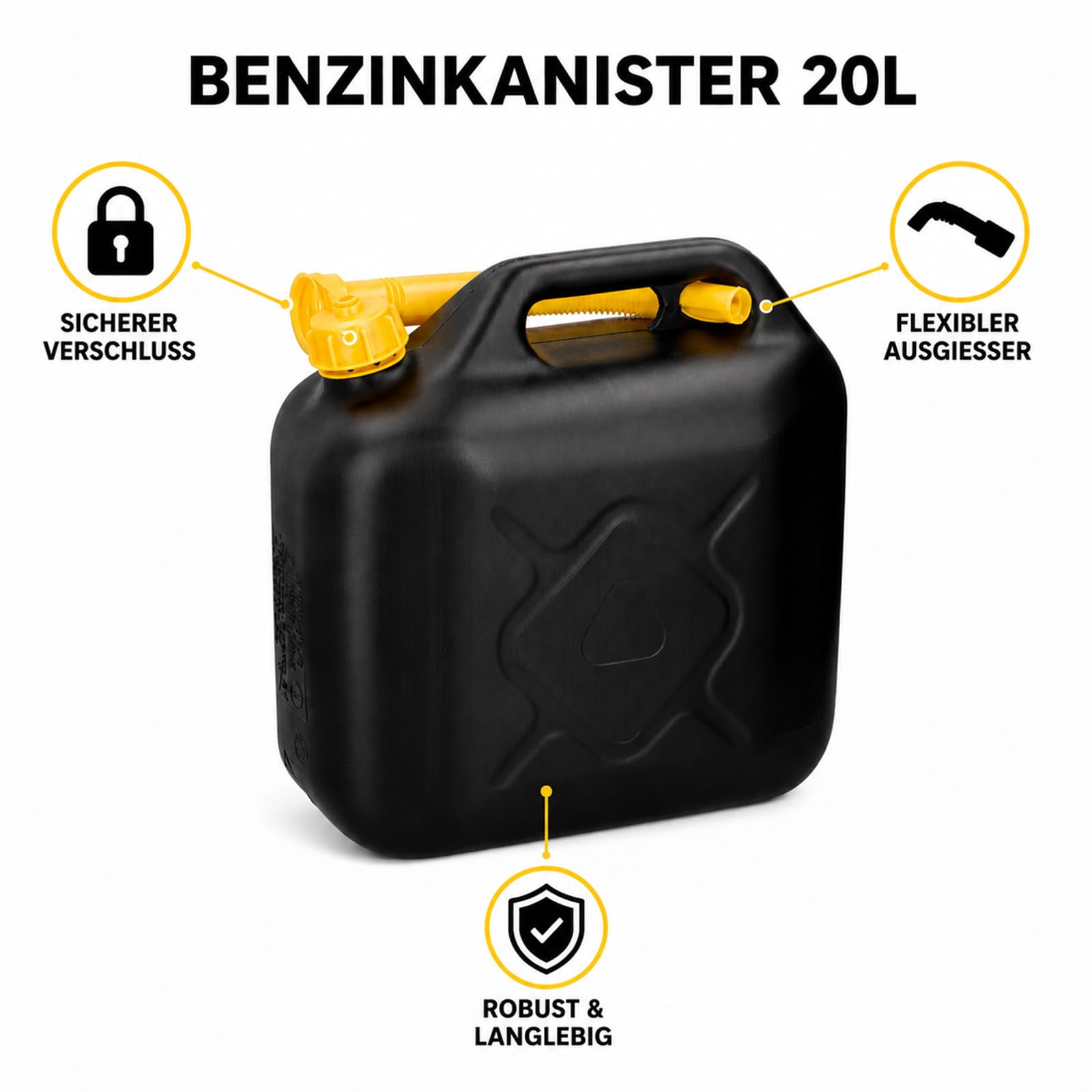 BURI Kanister na benzynę, 20 l, kanister na paliwo, kanister na olej napędowy, sprawdzony przez ONZ, z elastycznym lejkiem, kanister z tworzywa sztucznego, na benzynę, olej napędowy, wodę