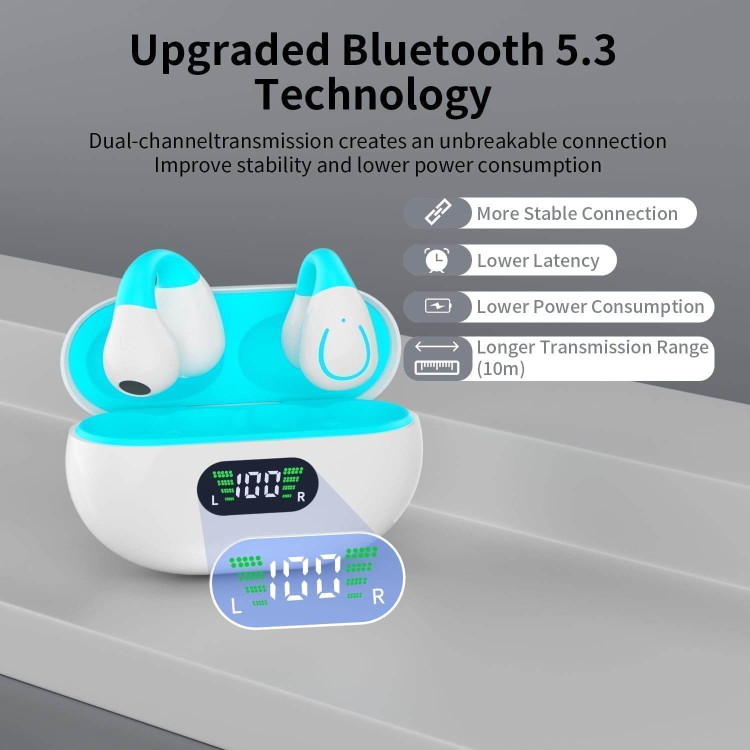 Clip On Earbuds, Bluetooth 5.3 Lightweight Comfort Bone Conduction Open Ear Headphones with LED Digital Display Charging Case Sport Built-in Mic IPX7 Waterproof for Running Fitness Android,Light Blue1 - Image 3