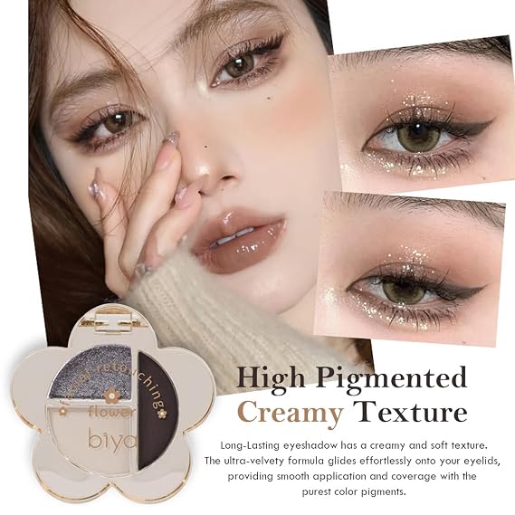 Gray Glitter Eyeshadow Palette-Matte Naked Cream Eye Shadow Lazy Silver Shimmer Eyeshadow Highly Pigmented, Long-Lasting,3 Colors Eye Brightener Makeup Palette (102#)