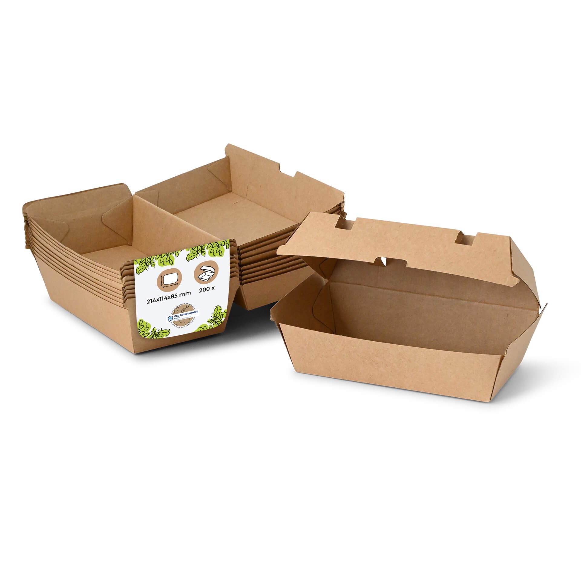 BIOZOYG Caja de cartón kraft Take Away 200 piezas I Cajas de comida robustas con tapa de bisagra alta I Caja de snacks I Envase To Go de cartón marrón 21,4 x 11,4 x 8,5 cm I Biodegradable