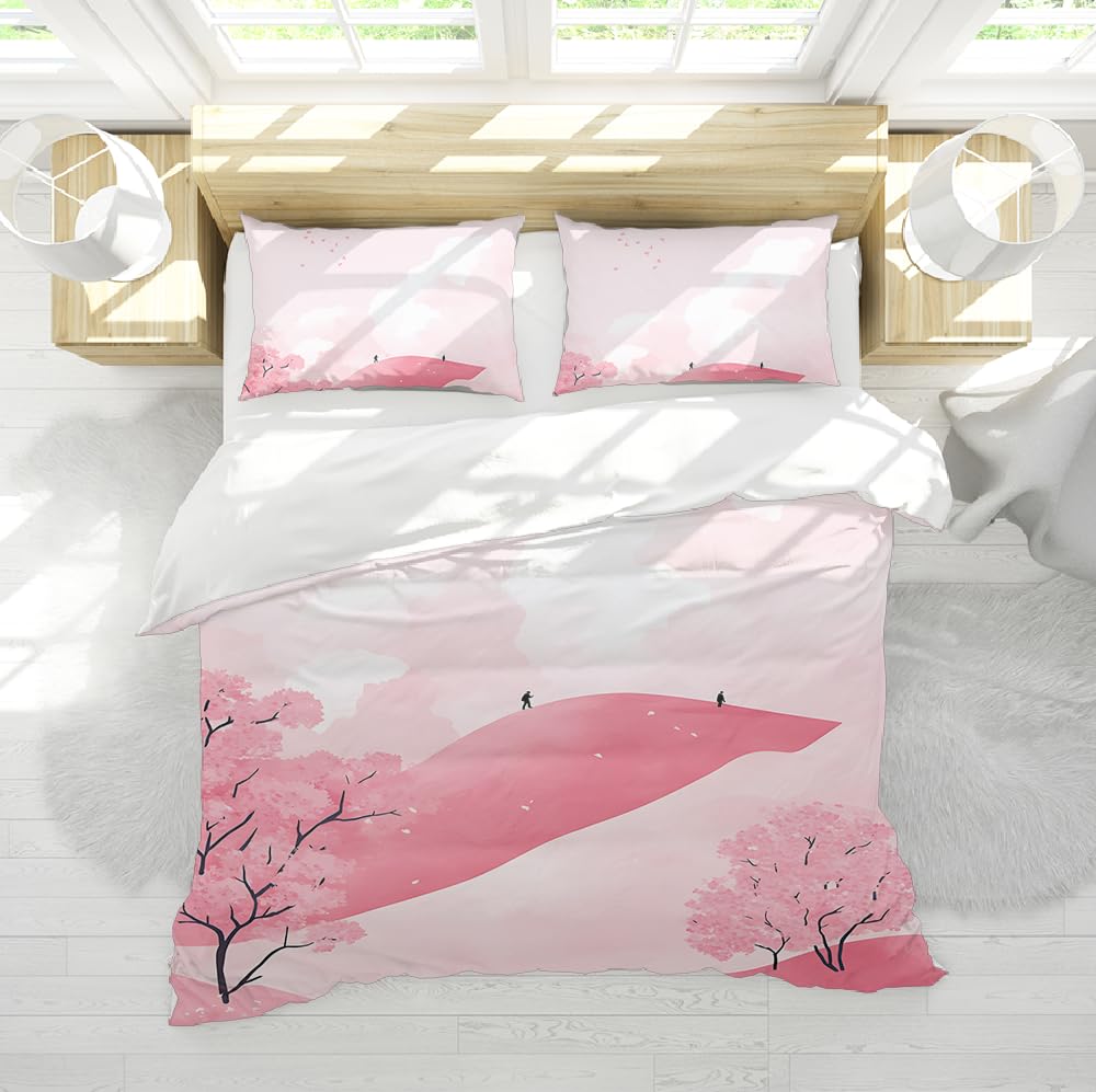 Housse de couette 220x240cm avec 2 taies d'oreiller au motif de fleurs roses et style cartoon