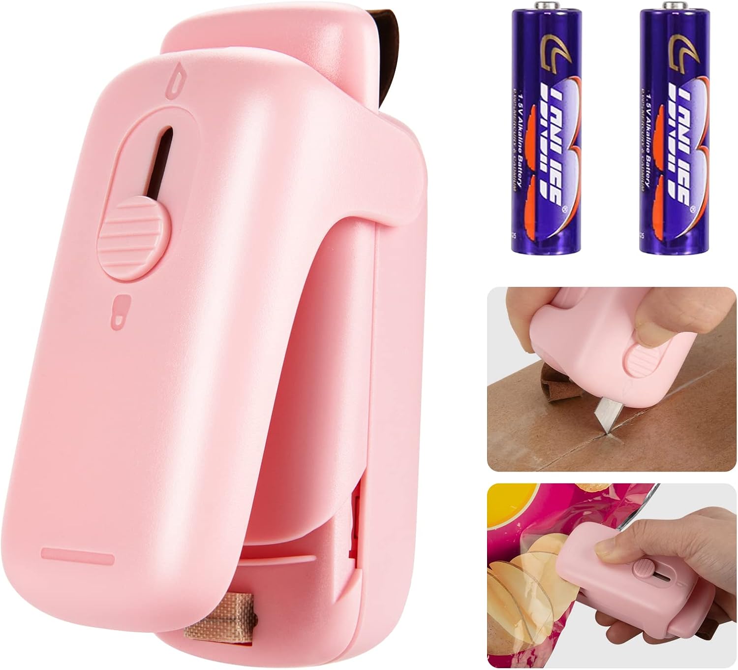 Mini Bag Sealer, Kenossion Chip Bag Sealer – Bag Sealer Heat Seal with Cutter & Magnet, Portable Mini Sealing Machine to Reseal Plastic Bags & Keep Snacks Fresh-Pink (2xAA Batteries Included)