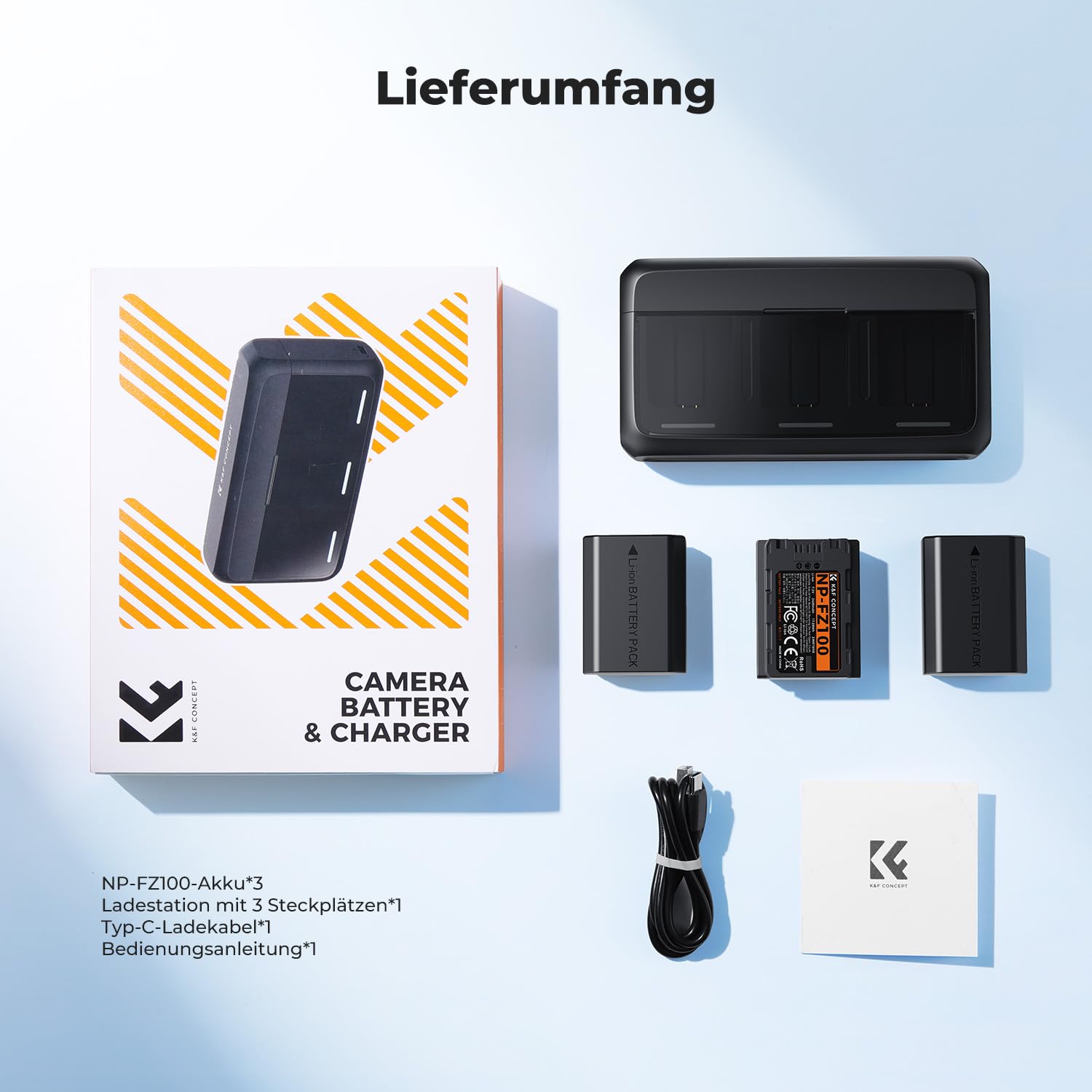 K&F CONCEPT NP-FZ100 Kamera Akkus(3er Pack) mit 20W LED PD Schnellladegerät Kompatibel mit Sony A7iii, A7iv, A7C, FX3, FX30, A9, A6600, A6700, ZV-E1, ZV-E10ii, Alpha 9, A9S, A7R III, A7R IV, A7RV