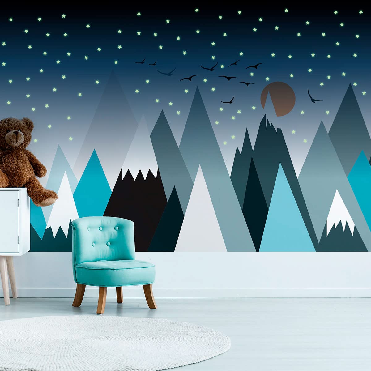 Ambiance Sticker Naklejki ścienne dla dzieci - Olbrzymia naklejka ścienna dla dzieci Skandynawskie góry Parka + 100 FOSHORESCENCYJNYCH GWIAZDEK - 70x105cm