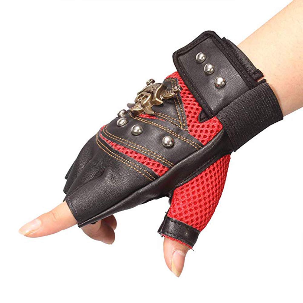 Bstcar Unisex Red Studded Punk Gloves, Fingerless Gloves Leather Skeleton Gloves For Driving Cycling Outdoor Sports, -Adult, One Size