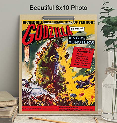 Image of Godzilla - 8x10 Vintage Hollywood Horror Movie Poster Wall Art Print - Creepy Classic Scary Movie Home Decor Picture for Man Cave, Boys Bedroom, Teens Room - Gift for Men