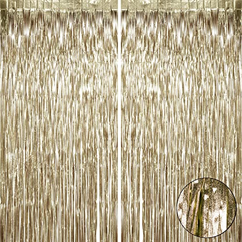 Champagne Gold Metallic Tinsel Foil Fringe Curtains Bachelorette Wedding Engagement Anniversary Birthday Baby Shower Graduation Retirement New Yeas Christmas Party Photo Booth Backdrop Decoration, 4pc