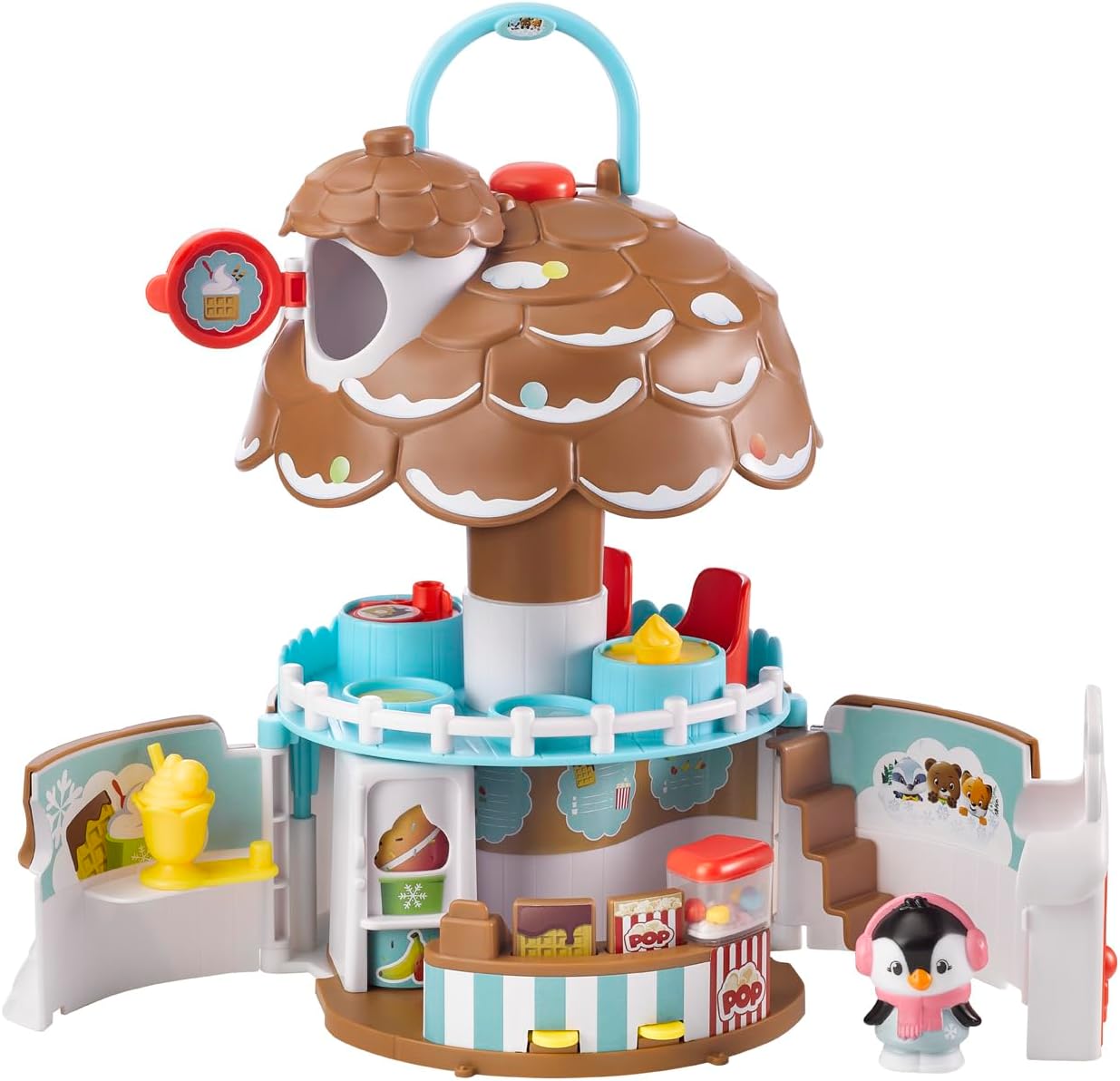Timber Tots: The Pine Cone Snack Bar - 5pc Dessert Toy Playset, Penguin Animal Figurine, Open & Reveal Treats Shop, Pop-Up Feature, Kids-Toddler 18Mo+